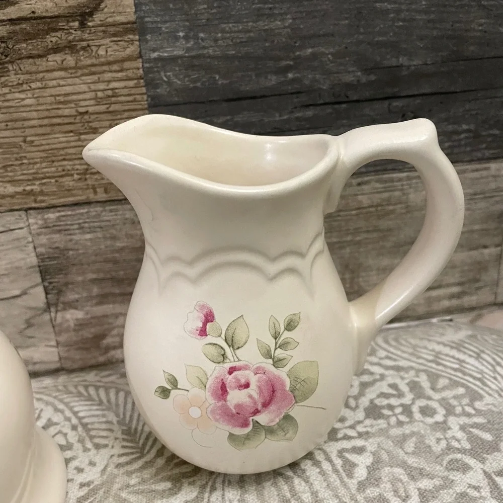 Pfaltzgraff Tea Rose Sugar Bowl and Creamer Pitcher Set Floral Design
